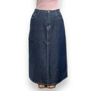 Y2K Moto Blue Denim Maxi Skirt Contrast Embroidery Pocket Womens Plus Size 21/22